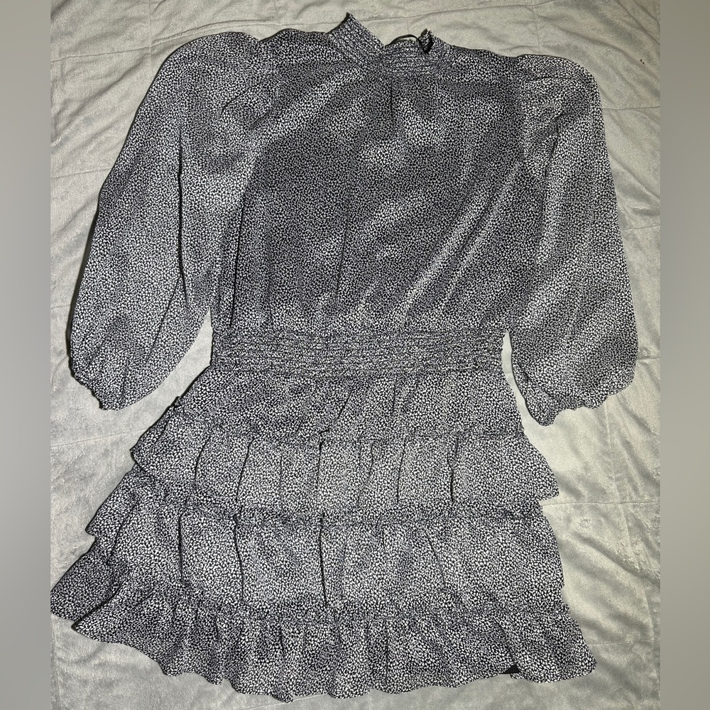 MSK smocked tiered fit & flare dress black and white dot pattern size XL